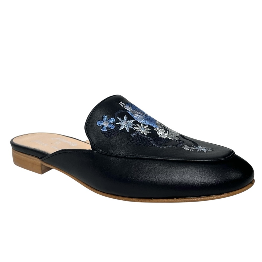 NIB Charly by Charly Amar Lina Black Calf Leather Floral Embroidered Mules Italy